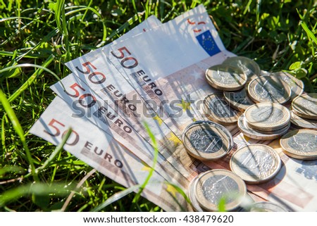 Euro money, bills and coins on the grass.