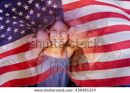 Digitally generated united states national flag against soldier couple reunited with their daughter