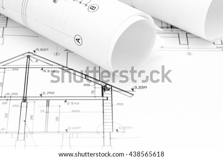 home plans and blueprint rolls, architectural background