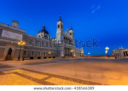 Side view of the Cathedral of Saint Mary the Royal of La Almudena at dusk ,Madrid Spain