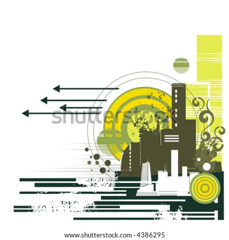 Urban buildings background series, vector illustration with grunge, arrow, swirl and circle details.