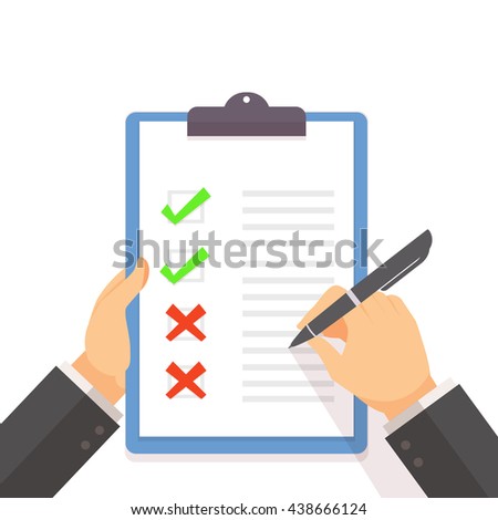 Business man fill the check list on the clipboard with hand holding concept flat style vector illustration