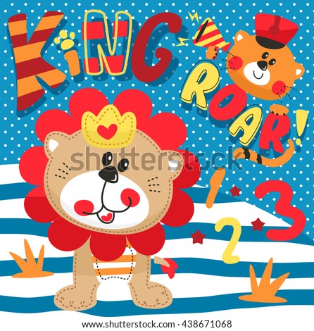 Cartoon cute little lion wearing a crown and cute tiger on striped and polka dot background illustration vector.