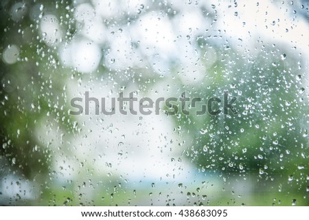 Fresh rain splash drops on a window with background green nature in Blur. drop window glass with blur tree background