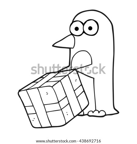 freehand drawn black and white cartoon penguin with christmas present