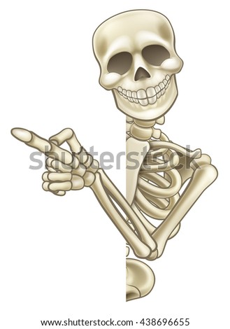 A skeleton cartoon character peeping around the side of a sign and pointing at it