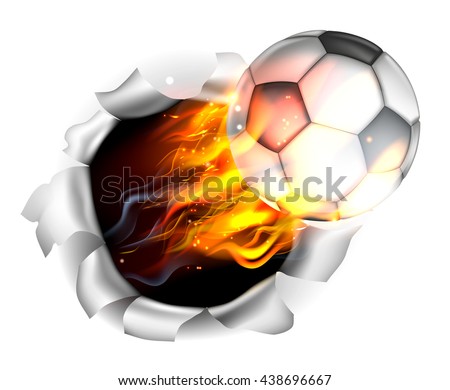 An illustration of a burning flaming Soccer Football ball on fire tearing a hole in the background