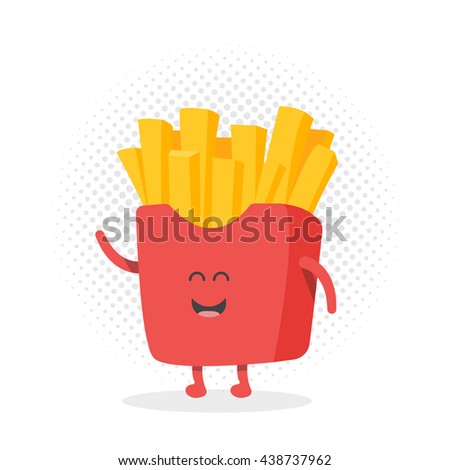 Kids restaurant menu cardboard character. Template for your projects, websites, invitations. Funny cute drawn french fries, with a smile, eyes and hands.