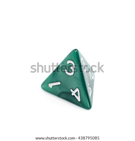 Green roleplaying polyhedral tetrahedron gaming plastic dice isolated over the white background