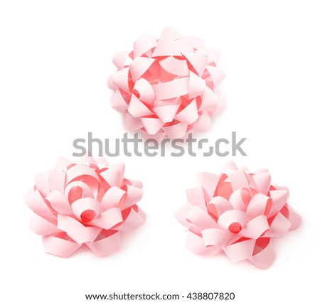 Decorational pink ribbon gift bow isolated over the white background, set collection of three diffirent foreshortenings