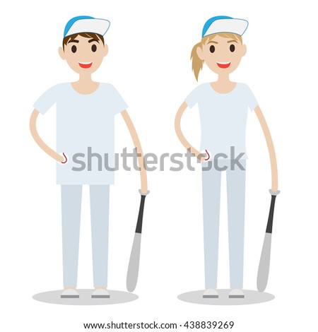 Set of sporty boy and lady. Baseball players isolated on white background.