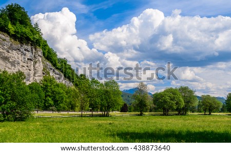 Fabulously beautiful picture with a green Alpine meadow, covered with numerous yellow flowers, with mountain snow peaks in the background under beautiful feather clouds on a bright blue sky. Austria