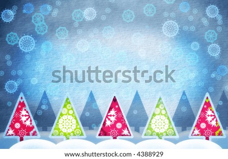 Grunge winter background with paper texture and Christmas tree illustration with snowflakes