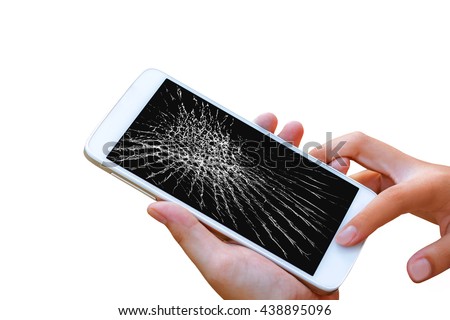 woman hand hold and touch screen smartphone or cellphone isolated on white , with crack or broken screen.