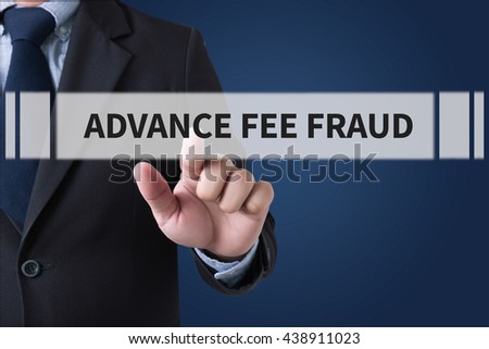 ADVANCE-FEE FRAUD Businessman hands touching on virtual screen and blurred city background
