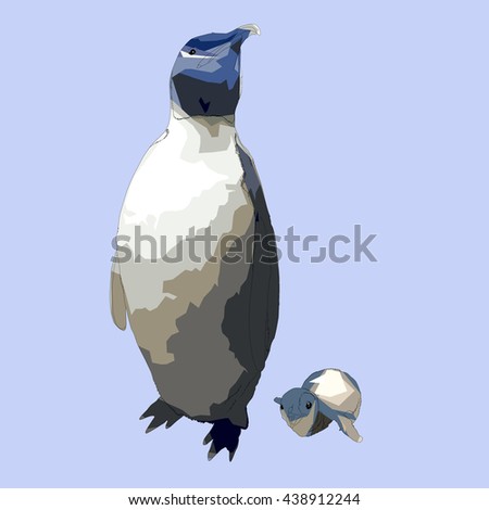 Drawing vector isolated poly Emperor penguin - aptenodytes forsteri - with a baby