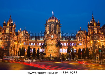 Chatrapati Shivaji Terminus earlier known as Victoria Terminus in Mumbai, India. Ninght panorama  Royalty-Free Stock Photo #438919255