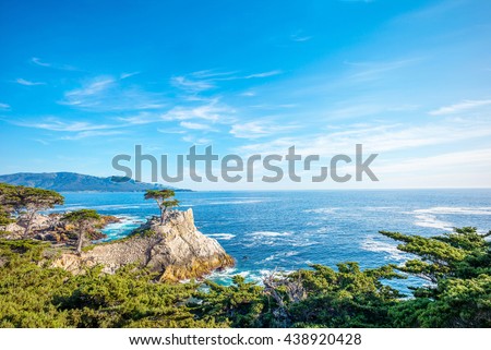 The Lone Cypress, seen from the 17 Mile Drive, in Pebble Beach, California. Royalty-Free Stock Photo #438920428