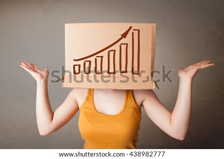 Young woman standing and gesturing with a cardboard box on his head with diagram