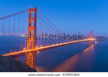 Night view at illuminated Golden Gate Bridge which spans Golden Gate strait at San Francisco Bay. California, USA