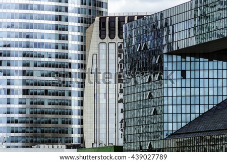 La Defense europe business center in Paris, France. Glass and steel skyscrappers view.