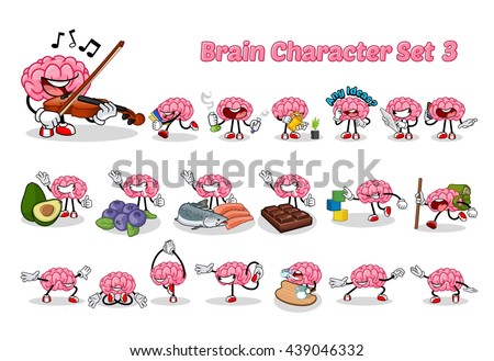 Set of Brain Cartoon Character Three Vector Illustration
