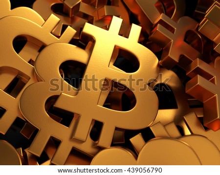 Bunch of golden Bitcoin signs. 3D illustration.
