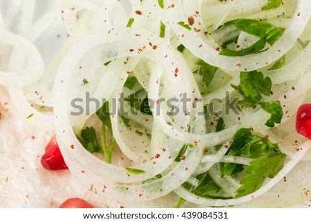 Spiced onions with shish kebab. Macro. Photo can be used as a whole background.
