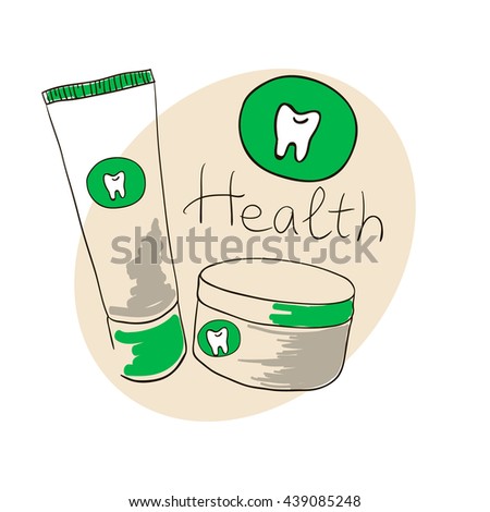 Doodle image. Toothpaste, tooth powder. Doodle drawing. Hand drawing. dental Health
