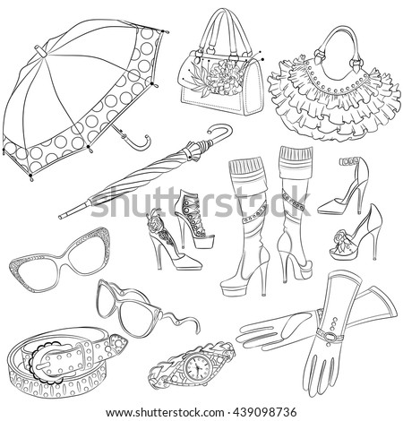 A set of  women's fashion accessories. Outline Vector illustration