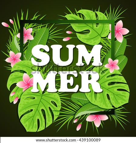 Green tropical leaves and flowers on a black background. Vector summer floral frame.