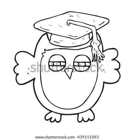 freehand drawn black and white cartoon clever owl