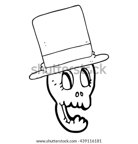 freehand drawn black and white cartoon skull wearing top hat