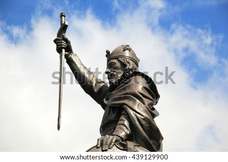 King Alfred the Great statue erected in 1899 stands at the eastern  end of the Broadway in Winchester Hampshire England UK Royalty-Free Stock Photo #439129900