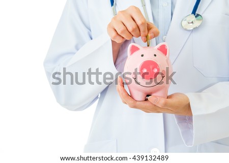 medical insurance, piggybank with stethoscope on white background