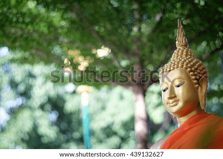 The golden Buddha statue with background is blur of light streaming through leaves. soft focus. selective focus.