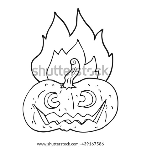 freehand drawn black and white cartoon flaming halloween pumpkin