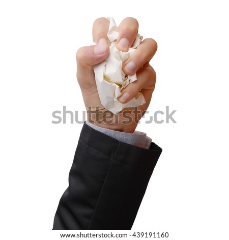 Business man's hand holding crumpled paper in his fist, representing to angry, aggressive, finding no idea, or failure. Isolated on white background.