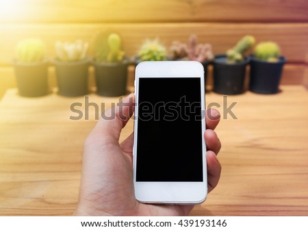 Man hand holding mobile phone blank screen with cactus and wood background.