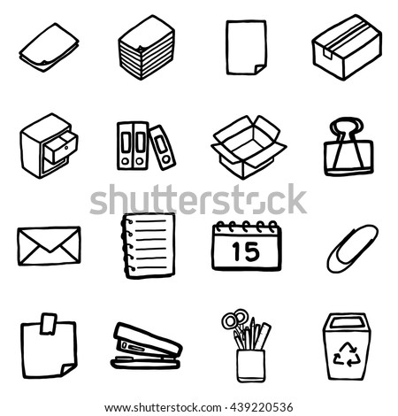office objects or icons set / cartoon vector and illustration, hand drawn style, black and white, isolated on white background.