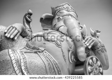 Ganesha statue, the elephant-headed god in Hinduism statue ,the elephant deity riding a mouse,Lord of Success,prime Hindu deities ,Black and white picture style