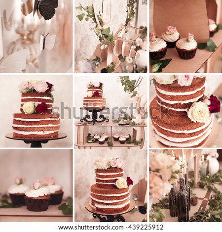Collage of nine images with wedding celebration: cake, cupcakes, decorations. Wedding day. 
