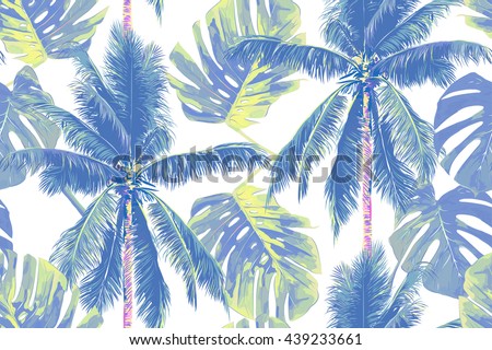 Tropical jungle palm leaves, trees seamless vector floral pattern background