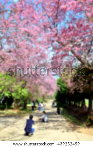 Blurred abstract background of Tourists take pictures with sakura
