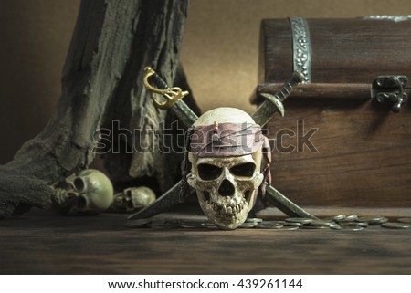 pirate skull with two swords and coffer over two head of human background still life style