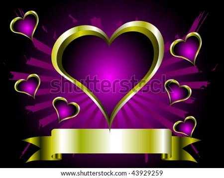 A grunge valentines vector illustration with a purple and gold  heart shaped frame with room for text on a purple grunge background