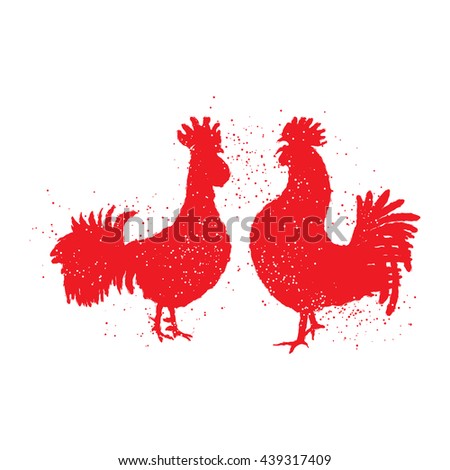 Couple of red roosters are looking at each other. Happy new year 2017 zodiac. Greeting card. Vector. Imitation of hand drawing or painting of roosters silhouette with Chinese calligraphy ink.