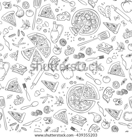 Pizza seamless pattern. Useful for restaurant identity, packaging, menu design and interior decorating Royalty-Free Stock Photo #439355203