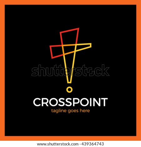 Cross Point logo. Church Pin logotype. Christian Location icon. Alert. Orange outline style