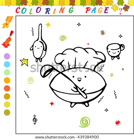 Coloring book with cartoon cook, pan and cup